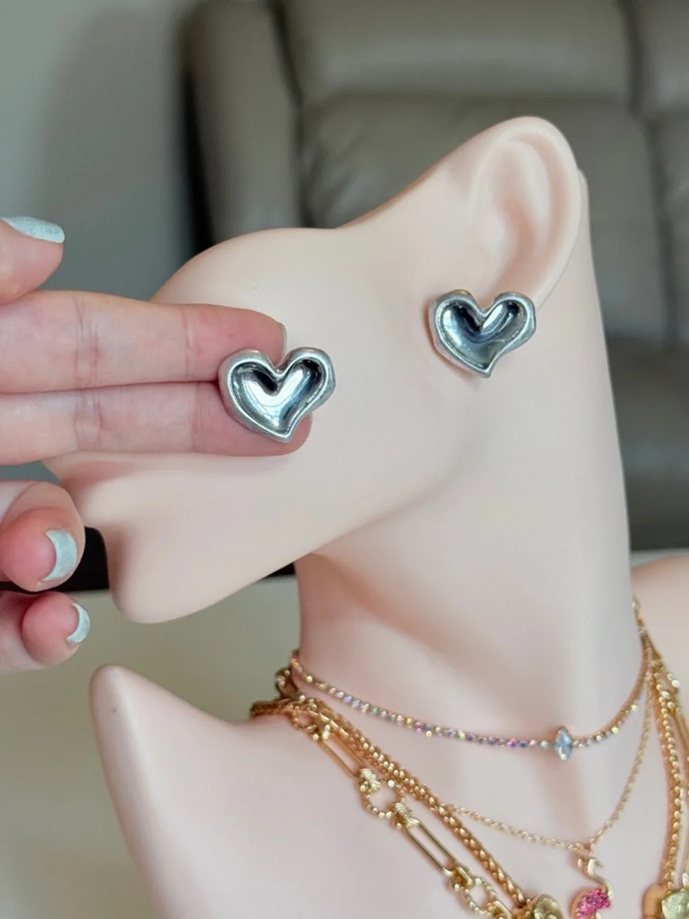 Silver Heart Stud Earrings - Picture 10 of 14